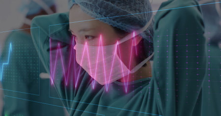 Image of cardiograph over diverse doctors wearing face masks. Medicine and digital interface concept...
