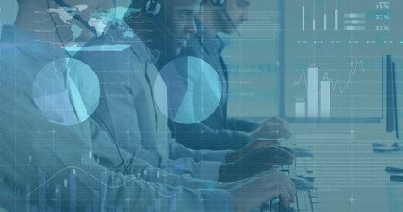 Image of financial data processing over diverse colleagues using phone headsets and computers....