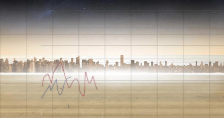 Image of financial data processing over cityscape. Global finance, business, connections, computing and data processing concept digitally generated image.の写真素材