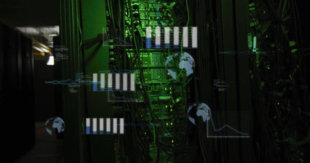 Image of digital data processing over computer servers. Global connections, computing and data...