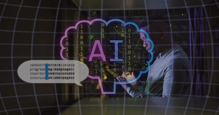 Image of ai text in brain and chat icons over african american man using tablet. Network, data, ai,...