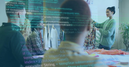 Image of data processing over diverse colleagues working in office. Global business, computing and...