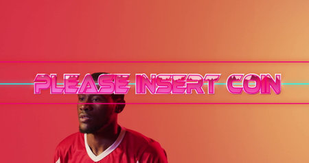 Image of please insert coin over african american male football player on red background. Global...