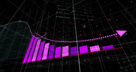 Image of statistics and financial data processing over black background. Global finance, business,...