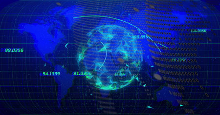 Image of digital data processing over globe. Global cyber security, connections, computing and data processing concept digitally generated image.の写真素材