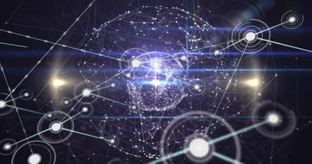Image of network of connections with spots over globe. Global connections, computing and data processing concept digitally generated image.の写真素材