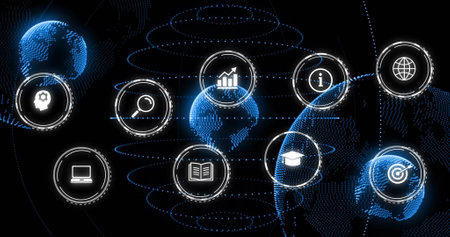 Image of digital icons and data processing over globes. Global cyber security, connections, computing and data processing concept digitally generated image.の写真素材