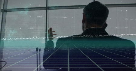 Image of data stream processing over caucasian businessman talking on smartphone at airport. Business, connection, data, travel and communication, digitally generated image.の写真素材