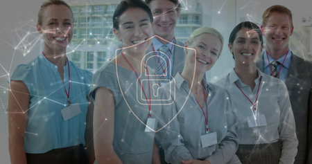 Image of padlock and data processing over diverse business people in office. Global cyber security,...