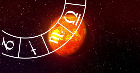 Image of circle with zodiac symbols over globe on black background. Horoscope and zodiac signs concept digitally generated image.の写真素材