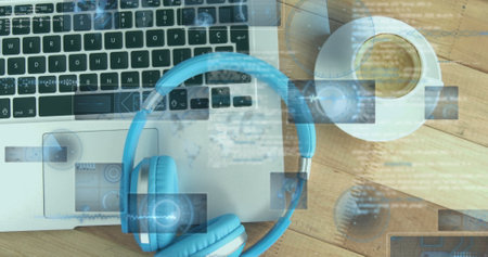 Image of data processing over laptop in cafe. Social media, drink and digital interface concept digitally generated image.の写真素材