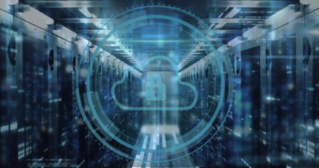 Image of cloud icon and digital data processing over computer servers. Global cyber security,...