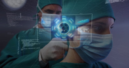 Image of data processing and scope scanning over caucasian surgeons wearing face masks. Global...