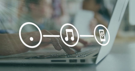 Image of network of connections with icons over caucasian woman using laptop in cafe. Social media, drink and digital interface concept digitally generated image.の写真素材