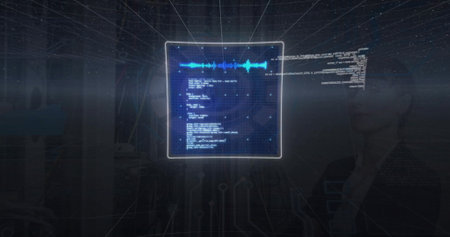 Image of digital data processing over screen on black background. Global connections, computing and data processing concept digitally generated image.の写真素材