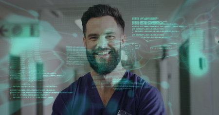 Image of chemical formula and data processing over caucasian male doctor in hospital. Global medicine, healthcare, connections, computing and digital interface concept digitally generated image.の写真素材
