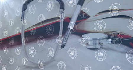 Image of media icons over stethoscope. Global medicine and digital interface concept digitally...