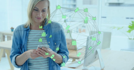 Image of finance data network over happy caucasian woman using smartphone. Connection, network,...