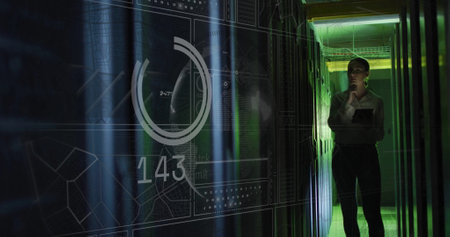 Image of data processing over caucasian female it technician with tablet over computer servers....