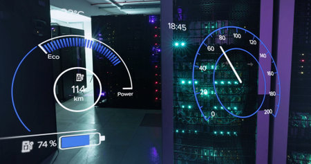 Image of electric car dashboard and data processing over computer servers. Global connections,...