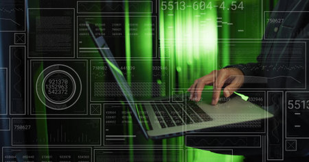 Image of data processing over asian male it technician with laptop over computer servers. Global...
