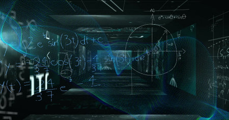 Image of mathematical equations and symbols on black background. Global science, computing and...