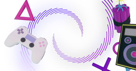 Image of game controllers, equipment and icons over purple spiral lines processing. network, data,...
