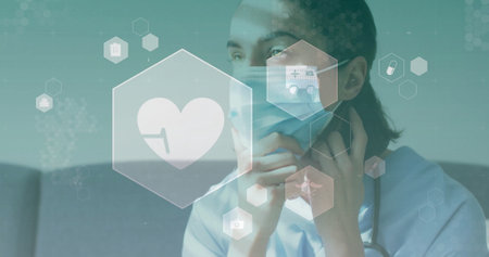 Image of heartbeat and medical icons over caucasian female doctor adjusting face mask. Medical services, healthcare, hygiene, digital interface and communication, digitally generated image.の写真素材