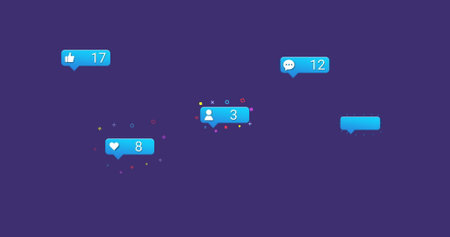 Image of moving media icons on blue background. Social media and digital interface concept digitally...