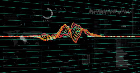 Image of financial data processing over dark background. Global finance, business, connections,...