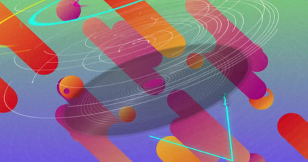 Image of colourful circles and shapes on black background. Shapes, movement, background and digital...