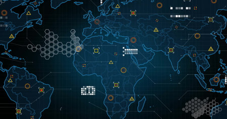 Image of world map and network of connections on black background. Global technology, connections,...