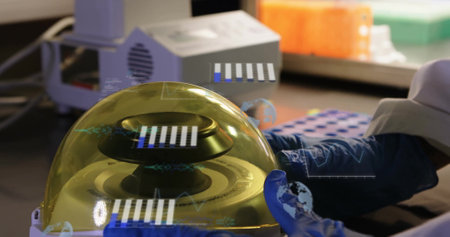 Image of scientific data processing over scientist in laboratory. Global science, connections,...