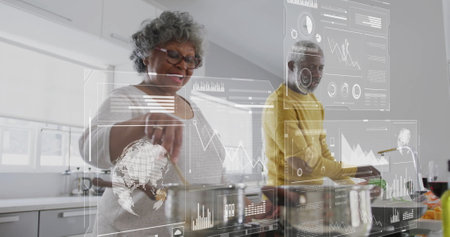 Image of financial data processing over biracial senior couple in kitchen. Global finance, business,...