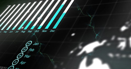 Image of data processing and diagrams on black background. Technology, business and digital...