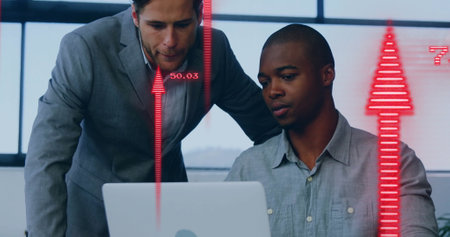 Image of financial data processing over diverse colleagues discussing work in office. Global...