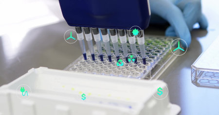 Image of eco icons and data processing over scientist in laboratory. Global environment, science, connections, computing and data processing concept digitally generated image.の写真素材