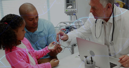Image of dna strands over diverse doctor and boy patient in hospital. Global medicine, healthcare,...