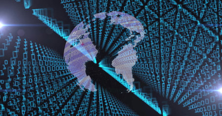 Image of spinning globe and travel icons over binary coding. Technology, business and digital...