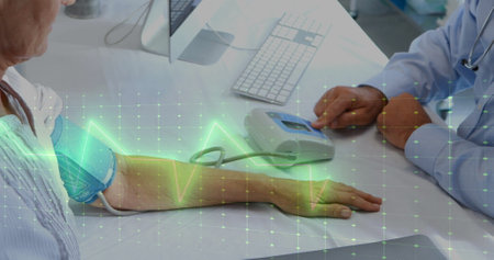 Image of cardiograph over diverse male doctor and female patient in hospital. Global medicine,...