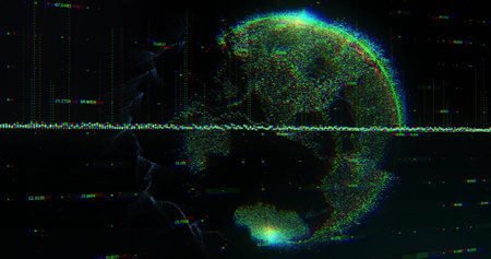 Image of data processing and globe on black background. Technology, business and digital interface concept digitally generated image.の写真素材