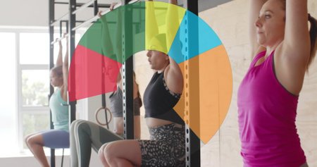 Image of diagram over diverse women exercising at gym. Technology, sport and digital interface...