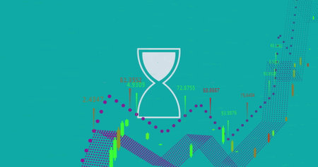 Image of data processing and diagrams over hourglass. Technology and digital interface concept...