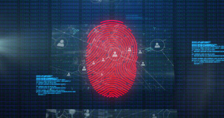 Image of fingerprint over data processing on black background. Global connections, computing and...