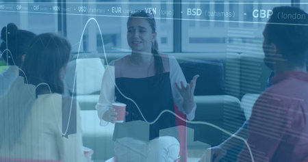 Image of financial data processing over diverse business people in office. Global finance, business,...
