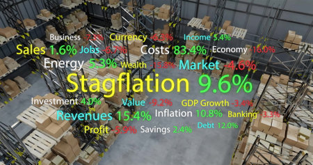 Image of business text and data processing over warehouse. Global shipping, business, connections, computing and data processing concept digitally generated image.の写真素材