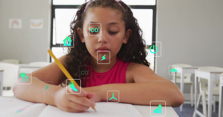Image of eco icons and data processing over biracial schoolgirl at school. Global environment,...
