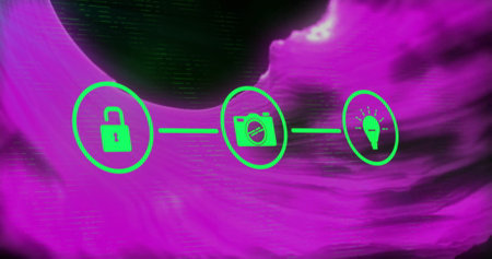 Image of network of connections with icons over purple shapes on black background. Global...