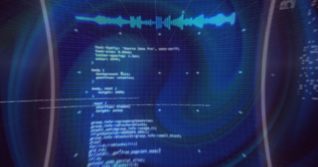 Image of digital data processing over blue background. Global connections, computing and data...