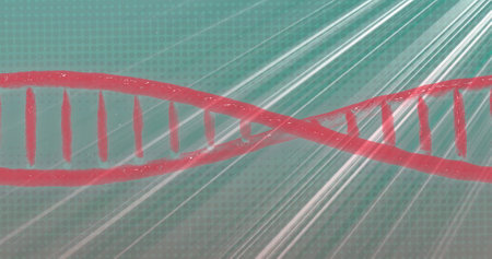 Image of dna strand spinning over light trails on green background. Global science, connections,...